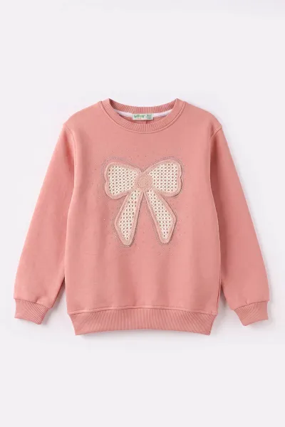 Somon (2-12 Yaş) Fiyonk Nakışlı Taşlı  İçi Şardonlu Kız Çocuk Sweatshirt 483282