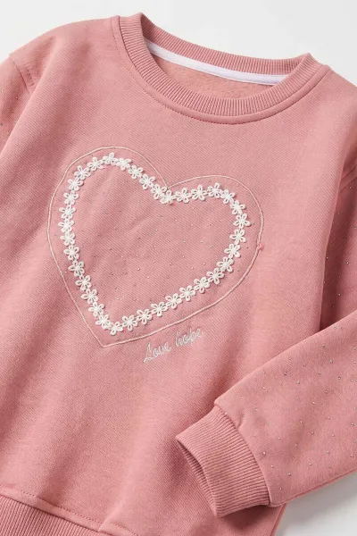 Somon (2-12 Yaş) Kalp Nakışlı Taşlı  İçi Şardonlu Kız Çocuk Sweatshirt 483268