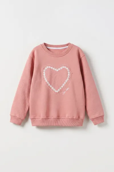 Somon (2-12 Yaş) Kalp Nakışlı Taşlı  İçi Şardonlu Kız Çocuk Sweatshirt 483268