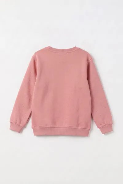 Somon (2-12 Yaş) Kalpli Çiçek Nakışlı Taşlı  İçi Şardonlu Kız Çocuk Sweatshirt 483291