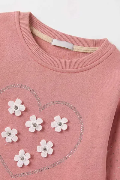 Somon (2-12 Yaş) Kalpli Çiçek Nakışlı Taşlı  İçi Şardonlu Kız Çocuk Sweatshirt 483291