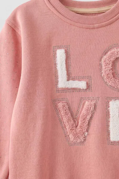 Somon (2-12 Yaş) Love Nakışlı Taşlı  İçi Şardonlu Kız Çocuk Sweatshirt 483276