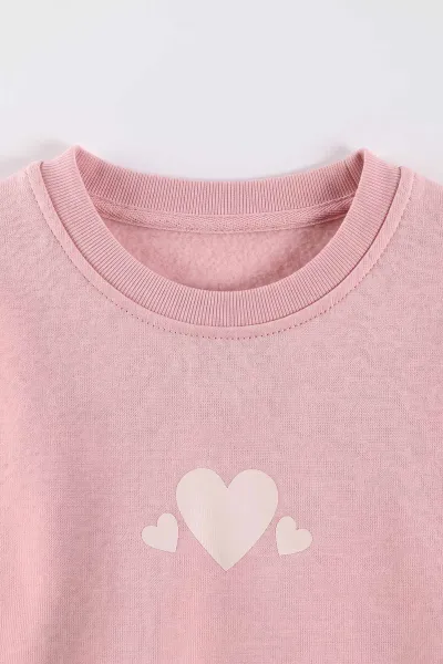 Somon (3-12 Yaş) Kalp Baskılı 3 İp Şardonlu Kız Çocuk Sweatshirt 473979