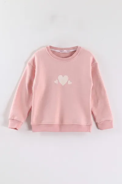 Somon (3-12 Yaş) Kalp Baskılı 3 İp Şardonlu Kız Çocuk Sweatshirt 473979