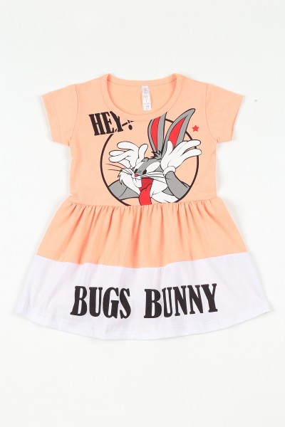 Somon (4-8 yaş) Bugs Bunny Baskılı Beli Lastikli Kız Çocuk Elbise 108781