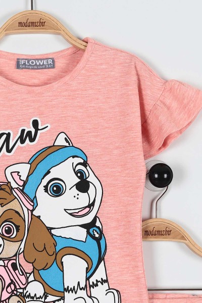 Somon (4-8 Yaş) Paw Köpek Baskılı Şortlu Kol Fırfırlı Kız Çocuk Takım 183549