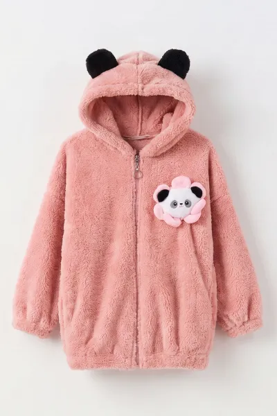 Somon (5-10 Yaş) Oyuncaklı Kapüşonlu Peluş Kız Çocuk Hırka 497440