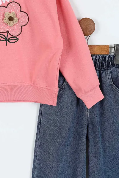 Somon (5-10 Yaş)Çiçek  Nakışlı Sweatli Bol Paça Kot Pantolonlu Kız Çocuk 2'li Takım 417810