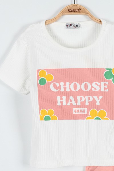 Somon (5-8 Yaş) Choose Happy Baskılı Şortlu Fitilli Kız Çocuk Takım 184834