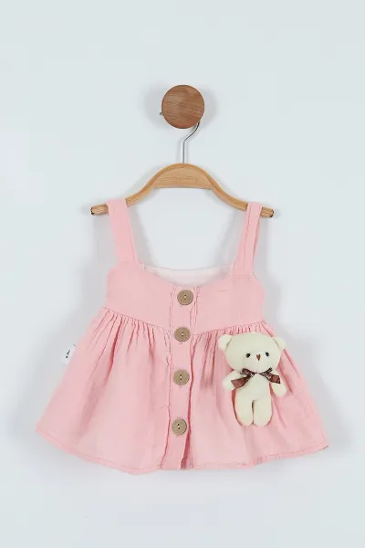 Somon (6-24 Ay) Ayıcık Oyuncaklı Düğmeli Kız Bebek Elbise 271802