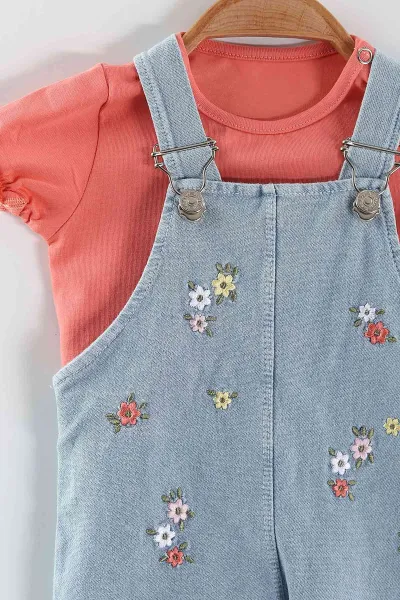 Somon (6-24 Ay) Çiçek Nakışlı Ayarlanabilir Askılı Tişörtlü Kız Bebek Kot Tulum 445416