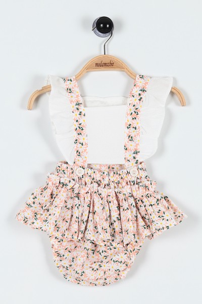 Somon (6-24 Ay) Fırfırlı Çiçek Baskılı Askılı Şortlu Kız Bebe Romper 184462