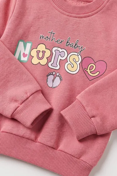 Somon (6-24 Ay) Nurse Baskılı  3 İp Şardonlu Kız Bebek Kışlık Takım 495562
