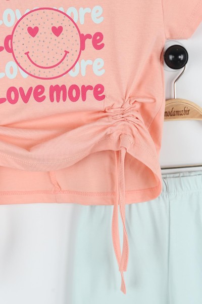 Somon (6-9 Yaş) Love More Baskılı Yandan Büzgülü Kız Çocuk Takım 169938