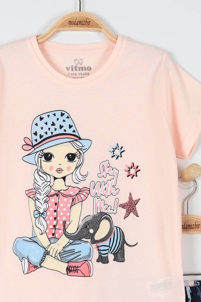 Somon (7-9 Yaş) Yıldız Fil Baskılı Kaprili KIz Çocuk Pijama Takımı 182015