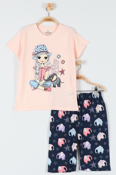 Somon (7-9 Yaş) Yıldız Fil Baskılı Kaprili KIz Çocuk Pijama Takımı 182015