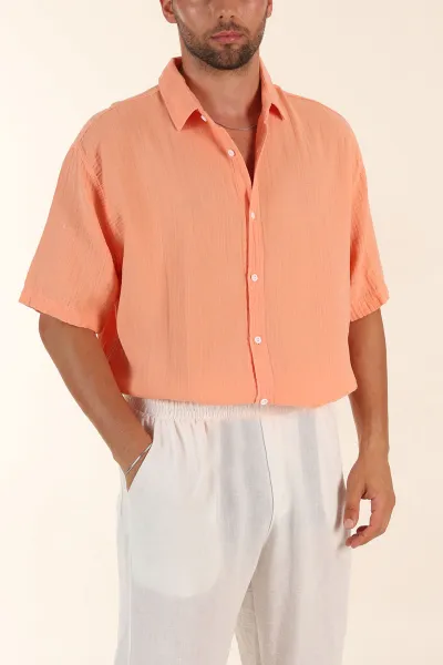 Somon Relaxed Fit Müslin Keten Kısa Kollu Erkek Gömlek 376947