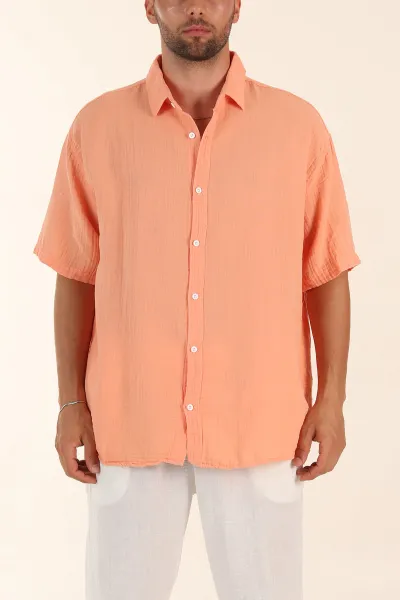 Somon Relaxed Fit Müslin Keten Kısa Kollu Erkek Gömlek 376947