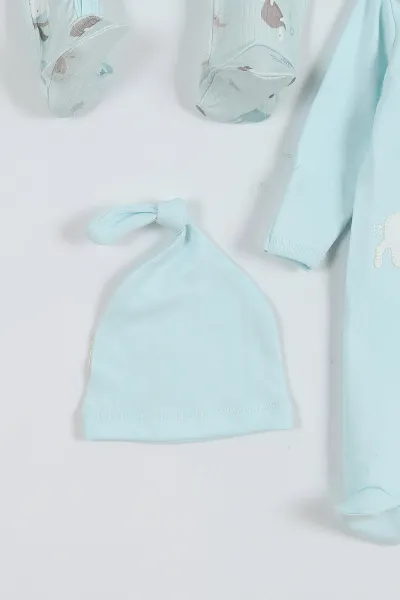 Su Yeşili (0-12 Ay) Zürafa Desenli Şapkalı Çıtçıtlı İkili Bebek Tulum 281920