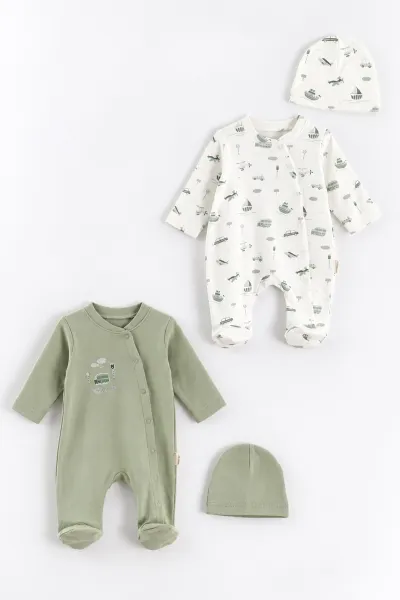 Su Yeşili (0-3 Ay) Araba Baskılı   Patikli  2'li Erkek Bebek Tulum 486924