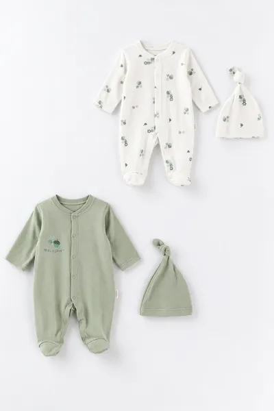 Su Yeşili (0-3 Ay) Autumn Baskılı   Patikli  2'li Erkek Bebek Tulum 486928
