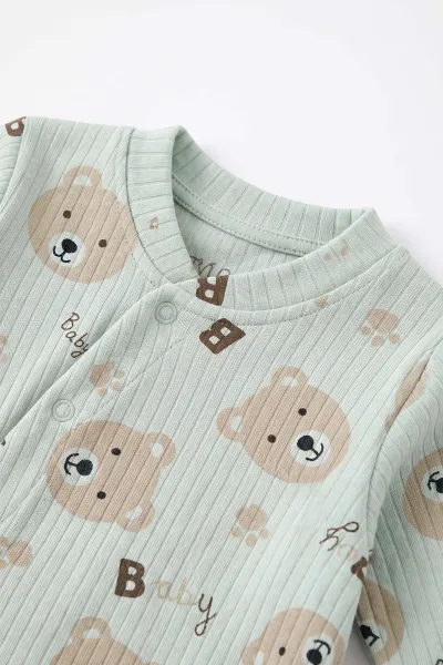 Su Yeşili (0-3 Ay) Baby Ayıcık Baskılı Raporlu ve Patikli  2'li Erkek Bebek Tulum 486914