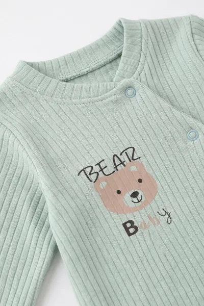 Su Yeşili (0-3 Ay) Baby Ayıcık Baskılı Raporlu ve Patikli  2'li Erkek Bebek Tulum 486914