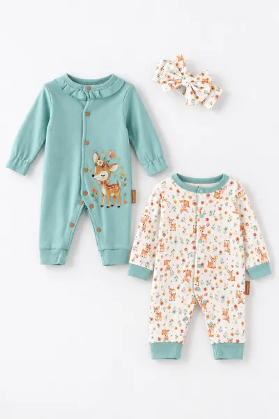 Su Yeşili (0-3 Ay) Ceylan Baskılı Bandanalı Penye 2'li Kız Bebek Tulum 500349