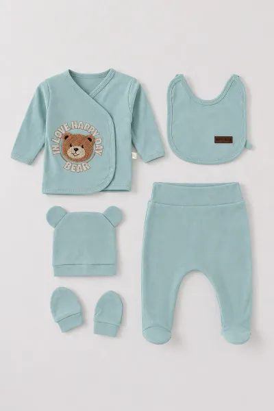 Su Yeşili (0-3 Ay)Happy Bear   Nakışlı  Patikli 5'li Erkek Bebek Takım 479311