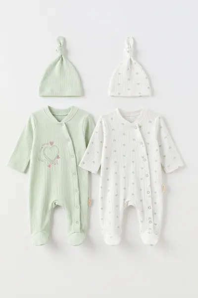 Su Yeşili (0-3 Ay)Kalp Baskılı Fitilli Kumaş Patikli ve Şapkalı 2'li Kız Bebek Tulum 497908