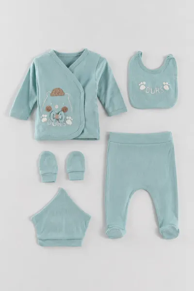 Su Yeşili (0-3 Ay)Şapkalı Ayıcık Nakışlı  Patikli 5'li Erkek Bebek Takım 479303