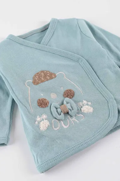 Su Yeşili (0-3 Ay)Şapkalı Ayıcık Nakışlı  Patikli 5'li Erkek Bebek Takım 479303