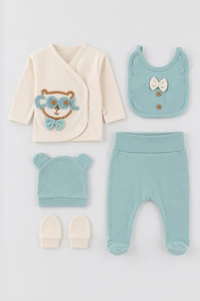 Su Yeşili (0-3 Ay)Süzene Cool Nakışlı Papyonlu Patikli 5'li Erkek Bebek Takım 479283