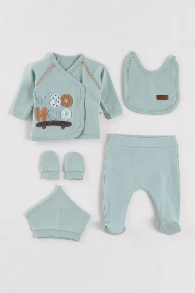 Su Yeşili (0-3 Ay)Woo Hoo Kaykay  Nakışlı  Patikli 5'li Erkek Bebek Takım 479306