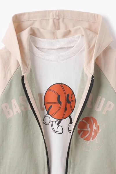 Su Yeşili (0-4 Yaş) Basketball Baskılı Kapüşonlu Fermuarlı Hırkalı Erkek Çocuk 2 İp 3'lü Takım 471510