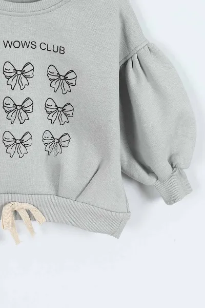 Su Yeşili (0-4 Yaş) Fiyonk ve Taş Baskılı 3  İp Şardonlu Kız Çocuk Sweatshirt 415026