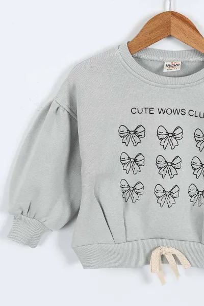 Su Yeşili (0-4 Yaş) Fiyonk ve Taş Baskılı 3  İp Şardonlu Kız Çocuk Sweatshirt 415026
