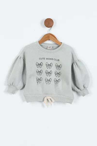 Su Yeşili (0-4 Yaş) Fiyonk ve Taş Baskılı 3  İp Şardonlu Kız Çocuk Sweatshirt 415026