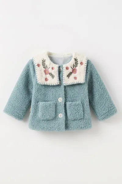 Su Yeşili (0-4 Yaş) Yakası Çiçek Nakışlı  Kuzu Kız Çocuk&Bebek  Hırka 498584