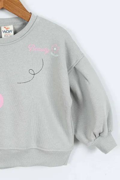Su Yeşili (0-4 Yaş)Çiçek Nakışlı Baskılı  3 İp Şardonlu Kız Çocuk Sweatshirt 417583