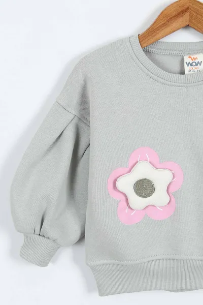 Su Yeşili (0-4 Yaş)Çiçek Nakışlı Baskılı  3 İp Şardonlu Kız Çocuk Sweatshirt 417583