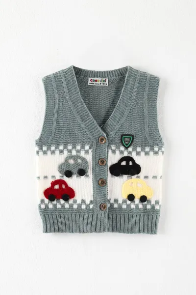 Su Yeşili (0-5 Yaş) Araba Motifli Triko Erkek Çocuk&Bebek Yelek 474865
