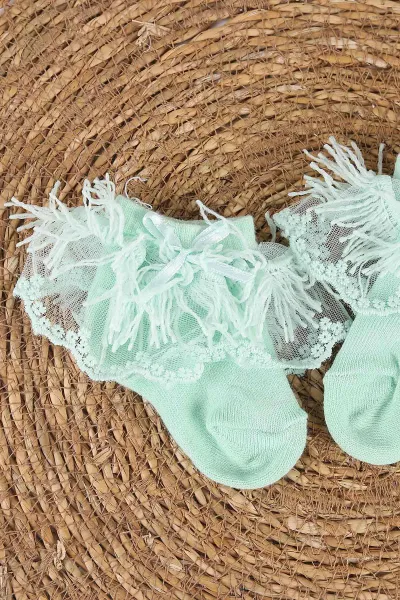 Su Yeşili (0-6 Ay) Saçaklı ve Tüllü Kız Bebek Çorap 467420