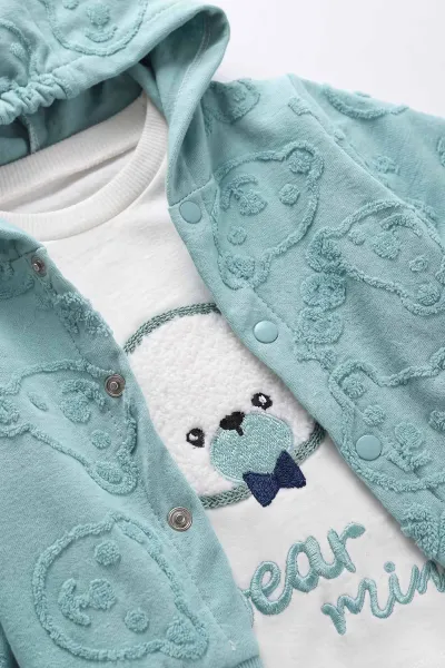 Su Yeşili (0-9 Ay)  Ayıcık Nakışlı Kapüşonlu Hırkalı Erkek Bebek 3'lü Takım 476073