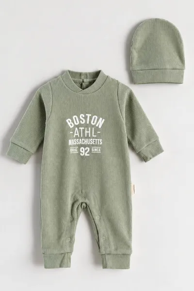 Su Yeşili (0-9 Ay)  Boston Nakışlı Waffle Kumaş Çıtçıtlı Şapkalı Erkek Bebek Tulum 486944