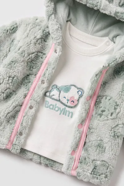 Su Yeşili (0-9 Ay) Nakışlı Kadife Ceketli Kız Bebek 3'lü Takım 495639