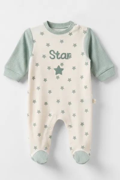 Su Yeşili (0-9 Ay) Star Baskılı Patikli Erkek Bebek Tulum 485323