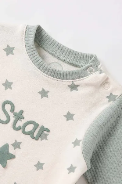 Su Yeşili (0-9 Ay) Star Baskılı Patikli Erkek Bebek Tulum 485323