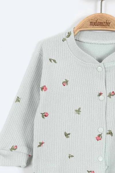 Su Yeşili (0-9 Ay)Lale Desenli Önü Çıtçıtlı Kız Bebek Pijama Takımı 375223