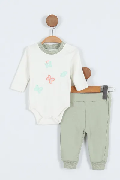 Su Yeşili (1-12 Ay)Kelebek Nakışlı Etek Fırfırlı ı Kız Bebek 3'lü Takım 340677
